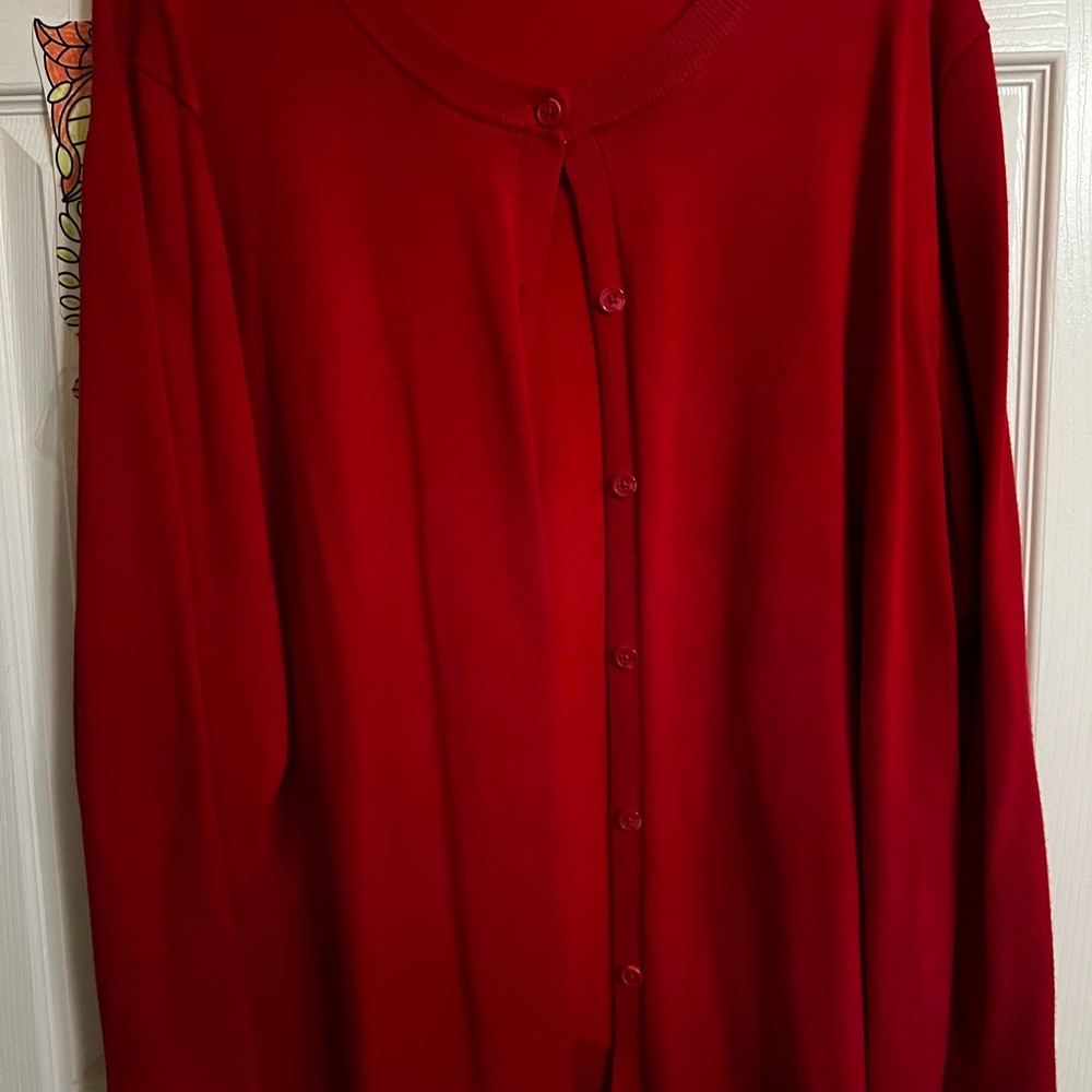 Red long sleeve cardigan, size 26/28.